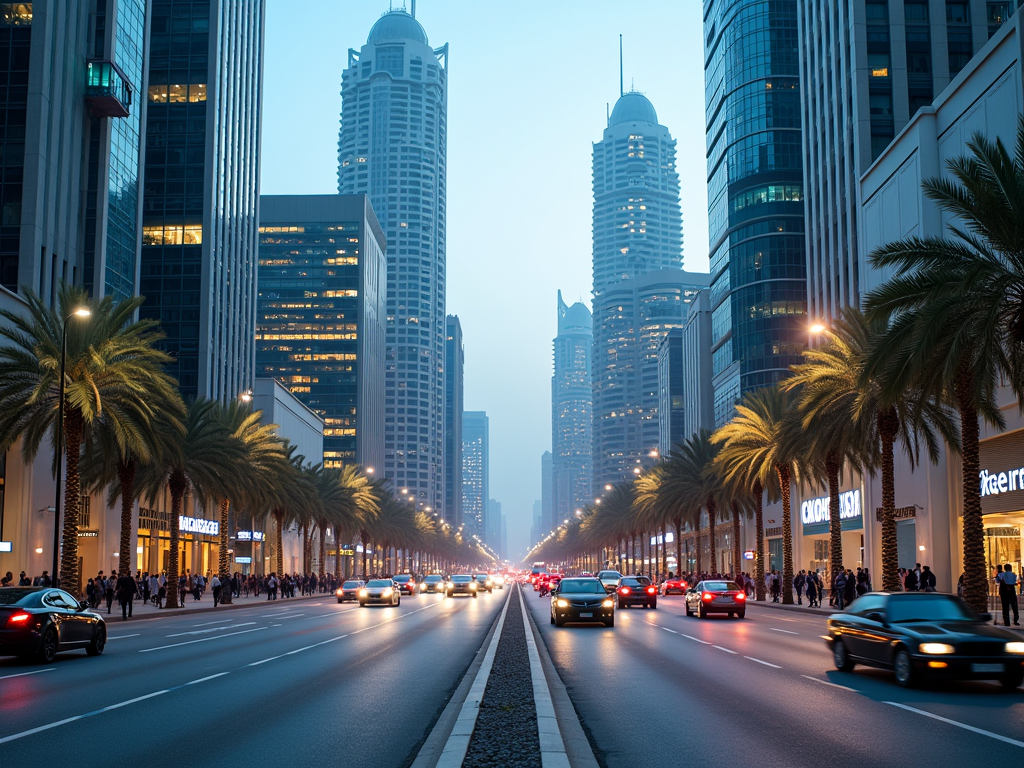 Traffic on a city street at dusk with skyscrapers and palm trees lining the road.