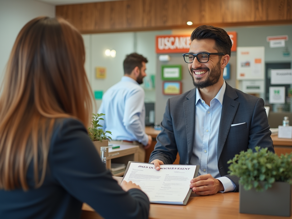 Smiling businessman discussing documents with a female colleague in a modern office.