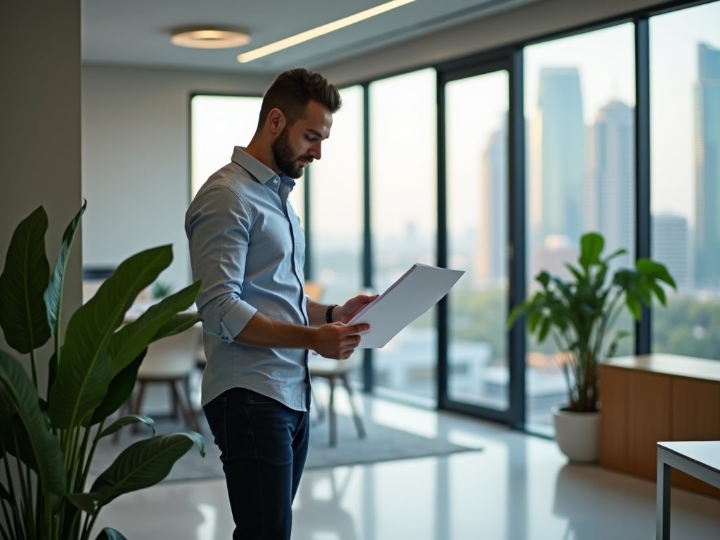 Man reading document in modern office with city view.