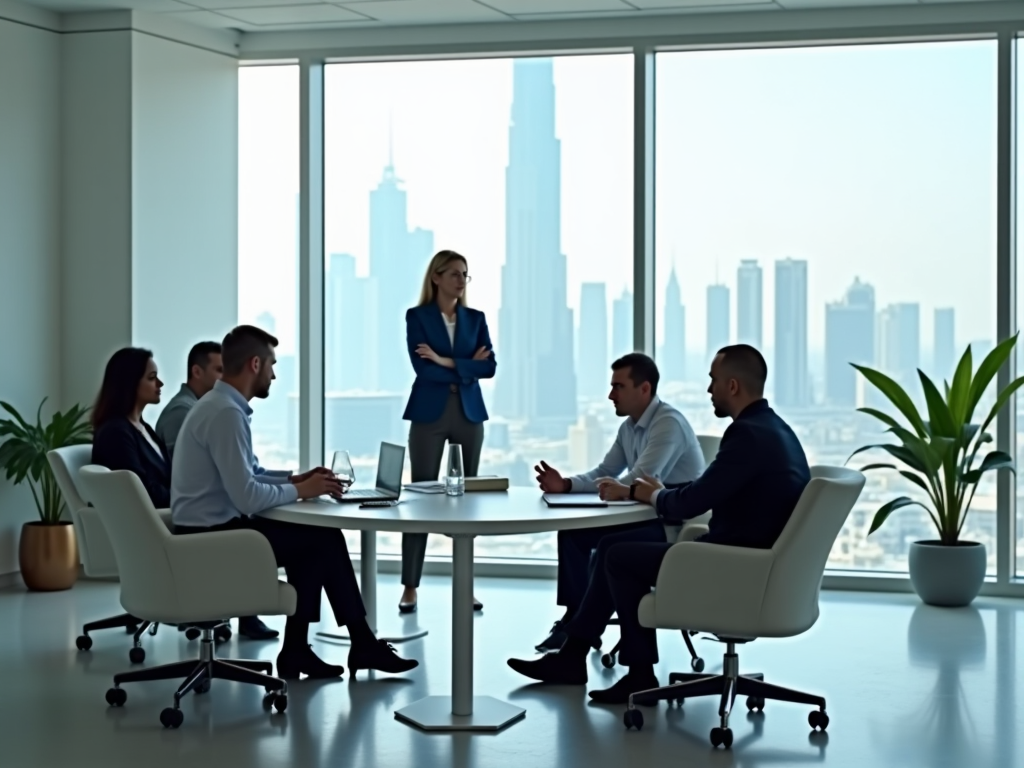 Businesswoman presenting to colleagues in a bright office with cityscape view through large windows.