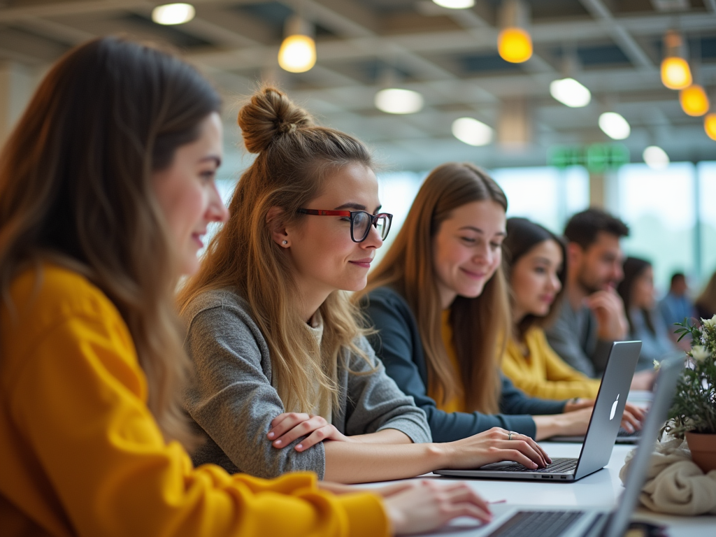 A group of smiling young people working on laptops in a modern, bright workspace. Decorated with plants.