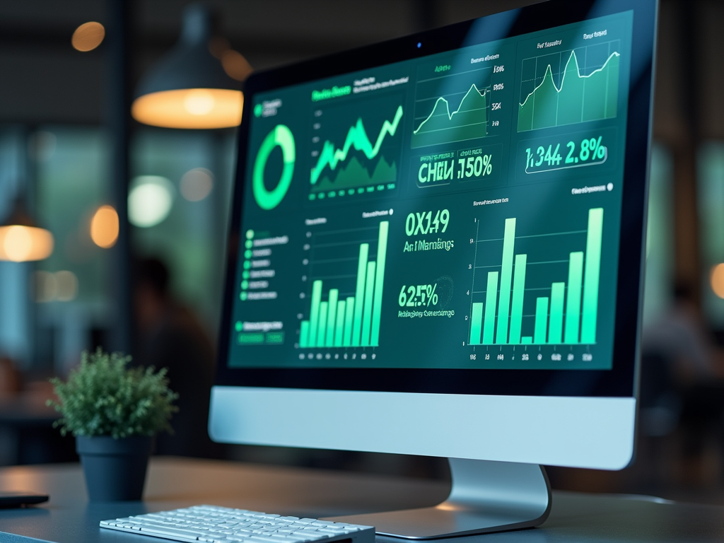 A computer screen displaying various green analytics charts and graphs, with a small plant in the foreground.