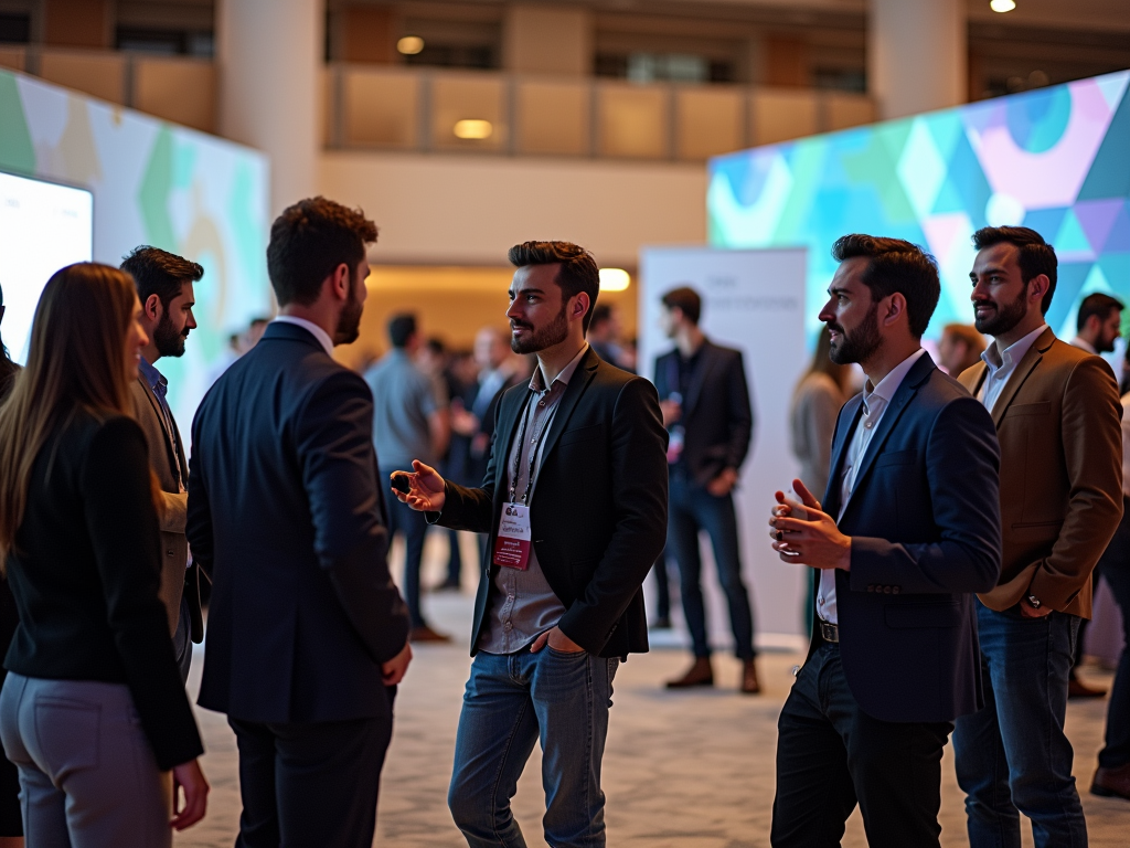 A group of professionals in suits engaged in conversation at a networking event with colorful backgrounds.