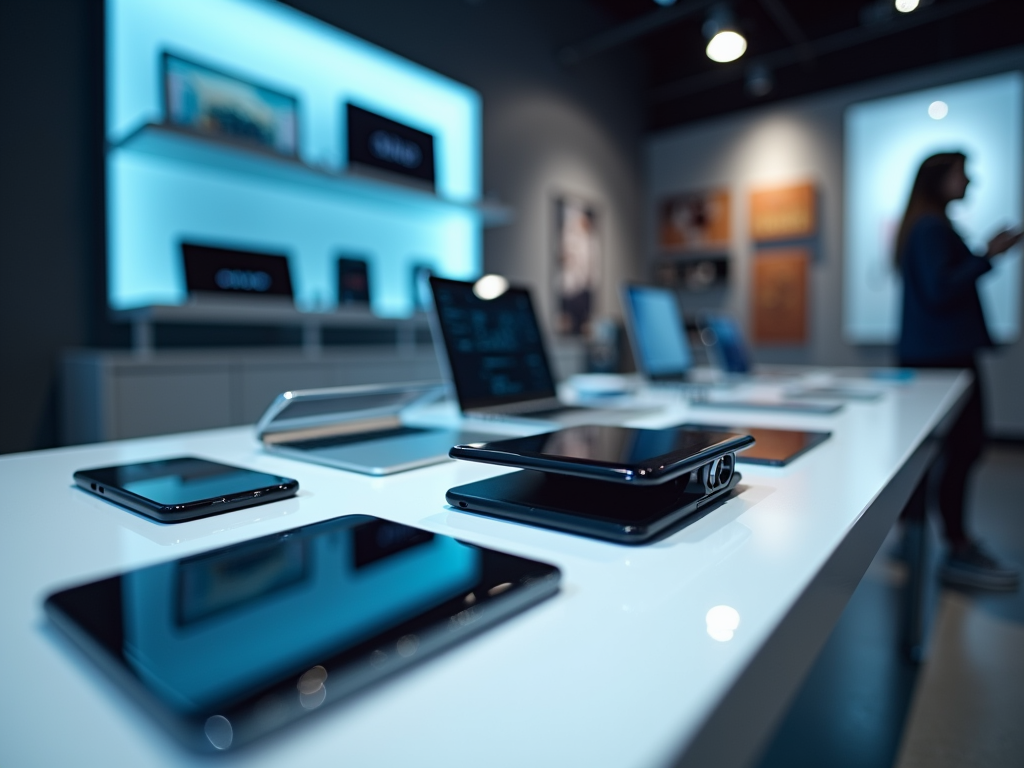 A modern tech store display featuring various smartphones and laptops on a sleek white table under blue lighting.