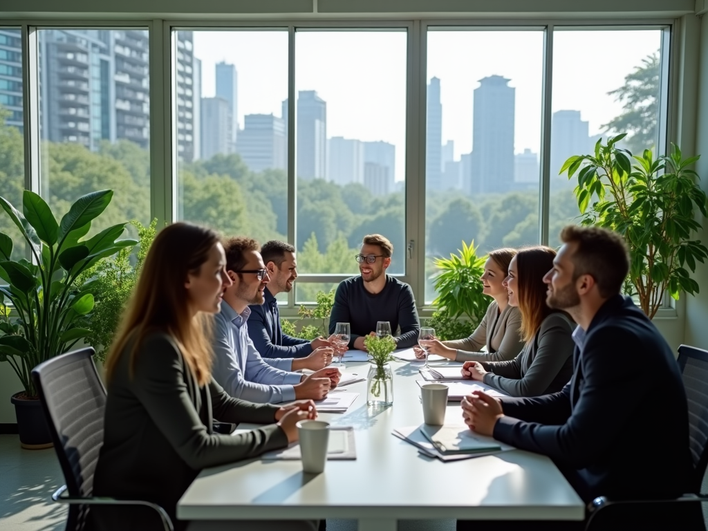 A group of professionals in a meeting, discussing ideas with a city skyline visible through large windows.