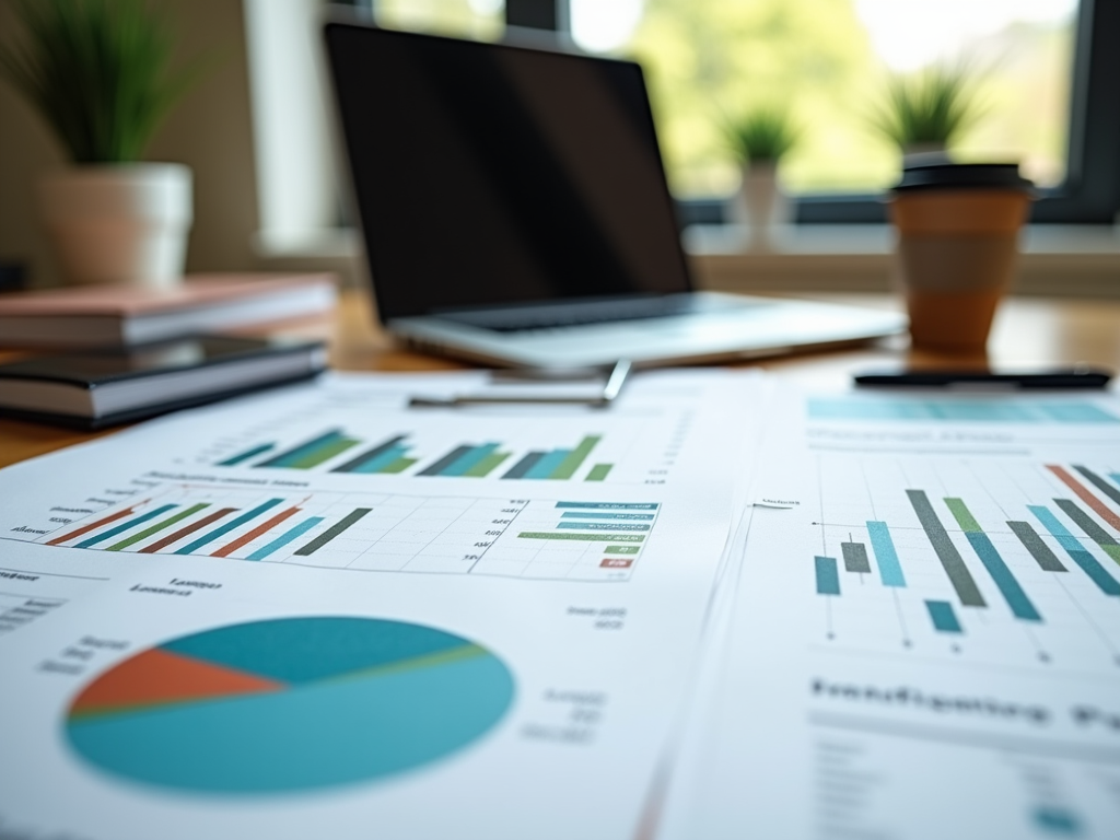 A focused view of charts and graphs on a desk with a laptop and plants in the background.