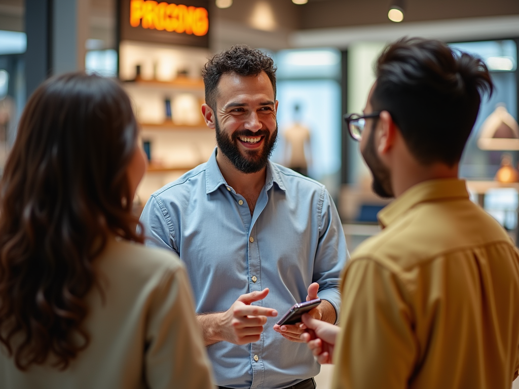 A man in a blue shirt smiles while talking with two people in a store, one holding a phone.