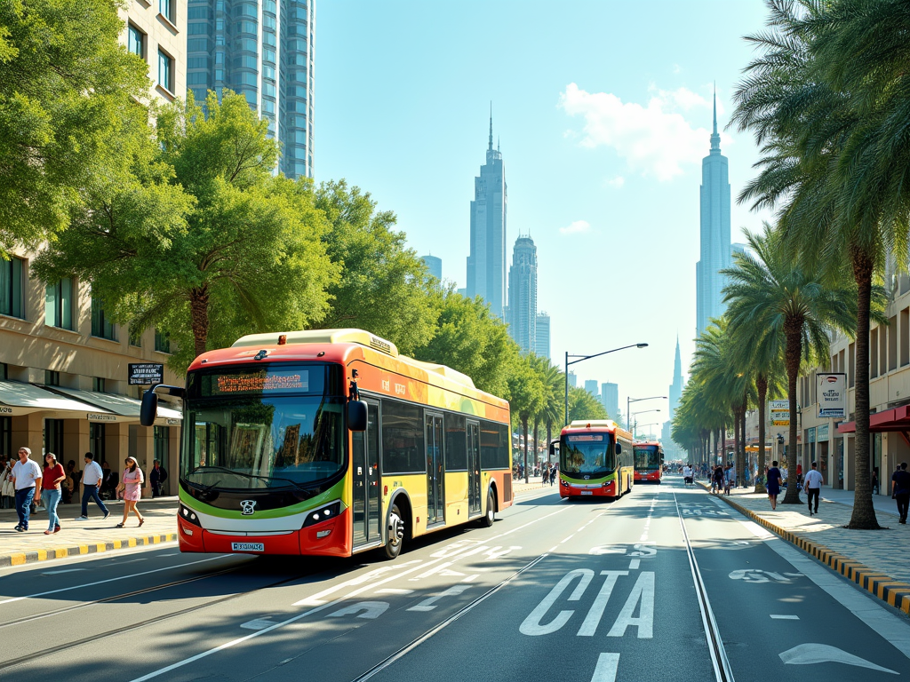 Two buses travel down a city street lined with palm trees and skyscrapers under a bright blue sky.