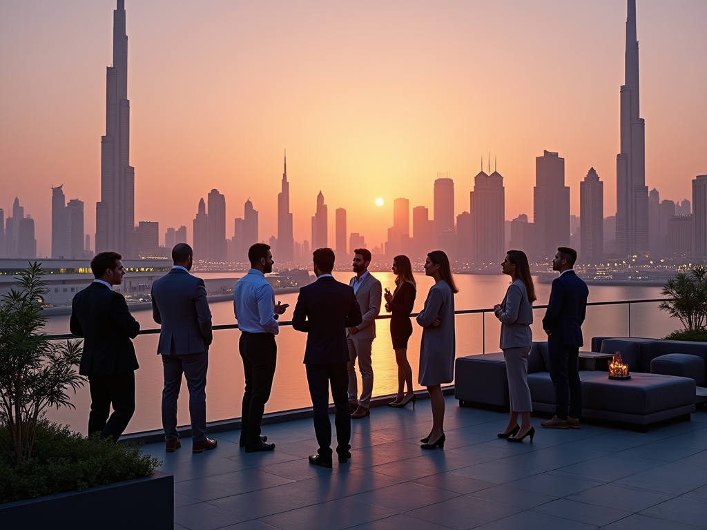 Group of professionals networking at sunset on a rooftop overlooking a city skyline.