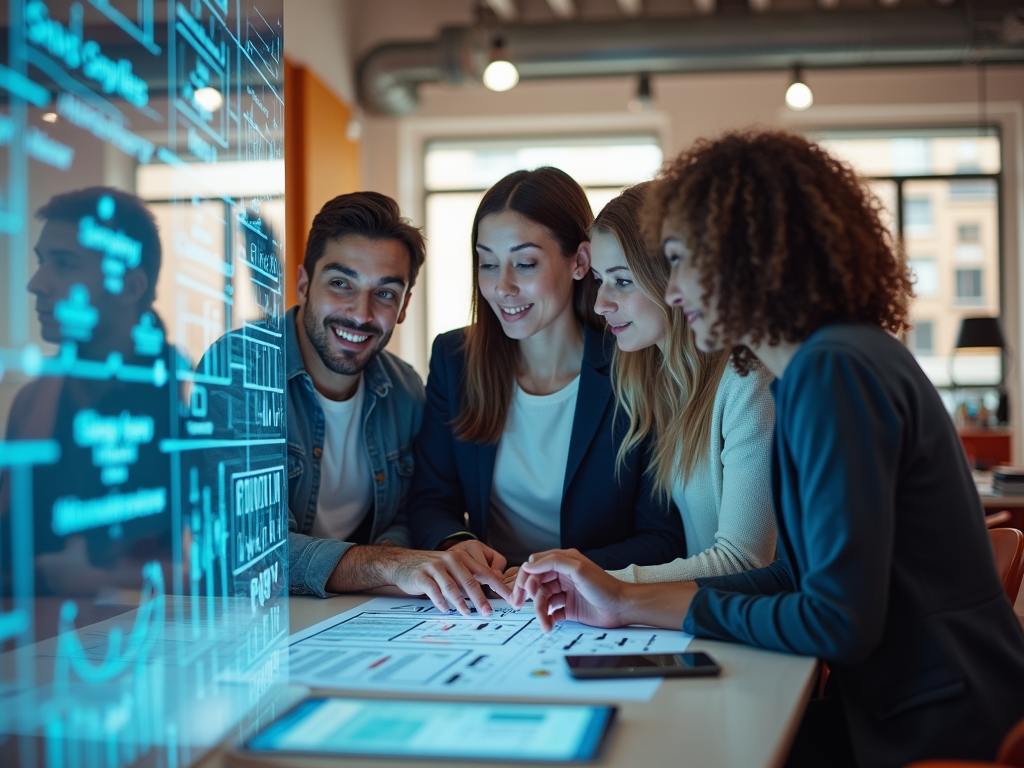 Four professionals smiling while analyzing digital data and documents at a table in an office.