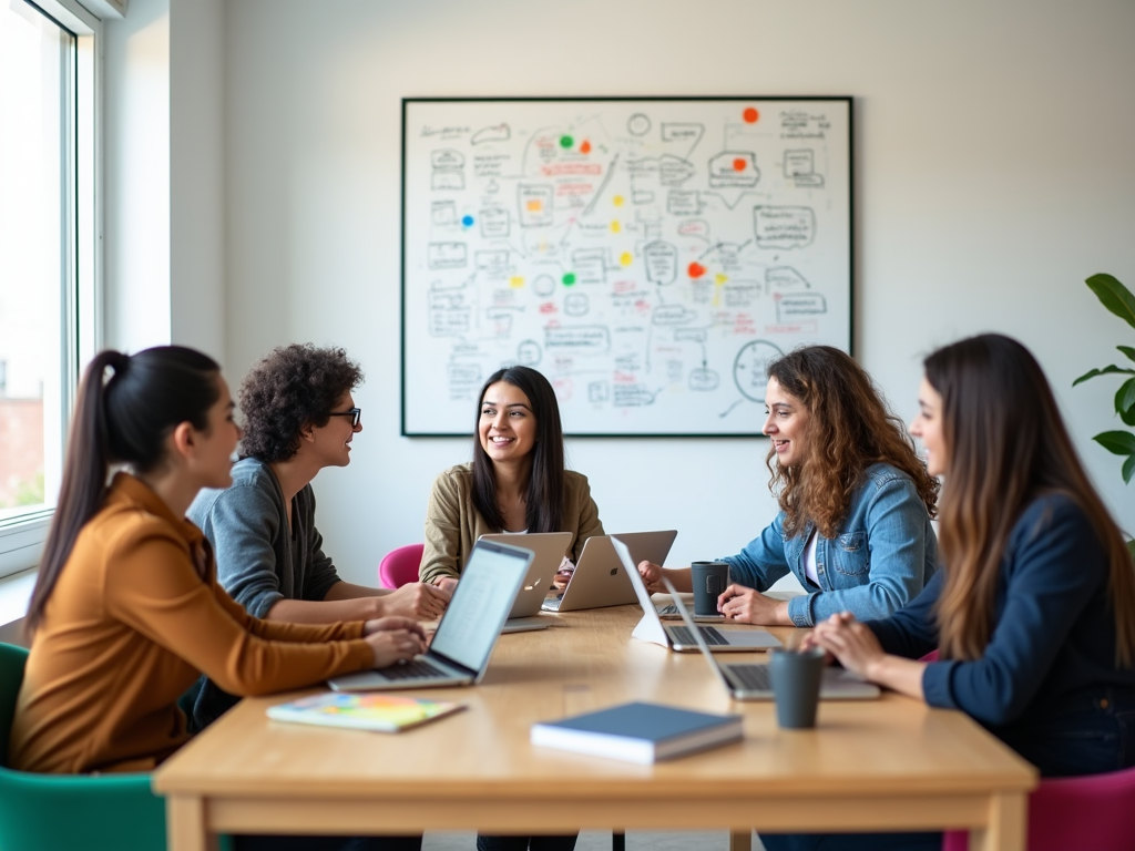 Diverse group of young professionals enjoying a collaborative meeting in a bright office space.