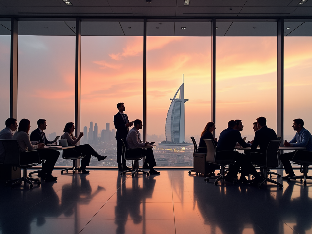 Professionals in a meeting room with a sunset view over Dubai, including the iconic Burj Al Arab.