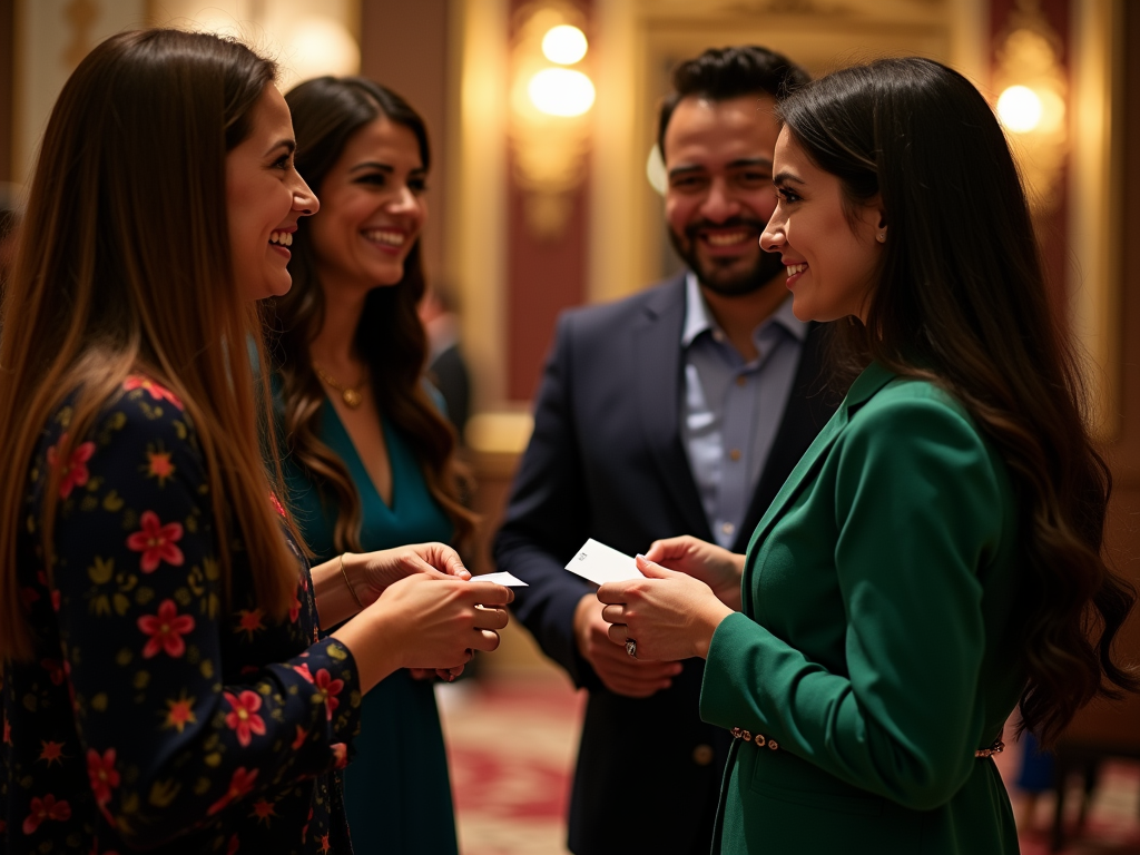 Four people laughing and engaging in a conversation at a formal event, exchanging business cards.