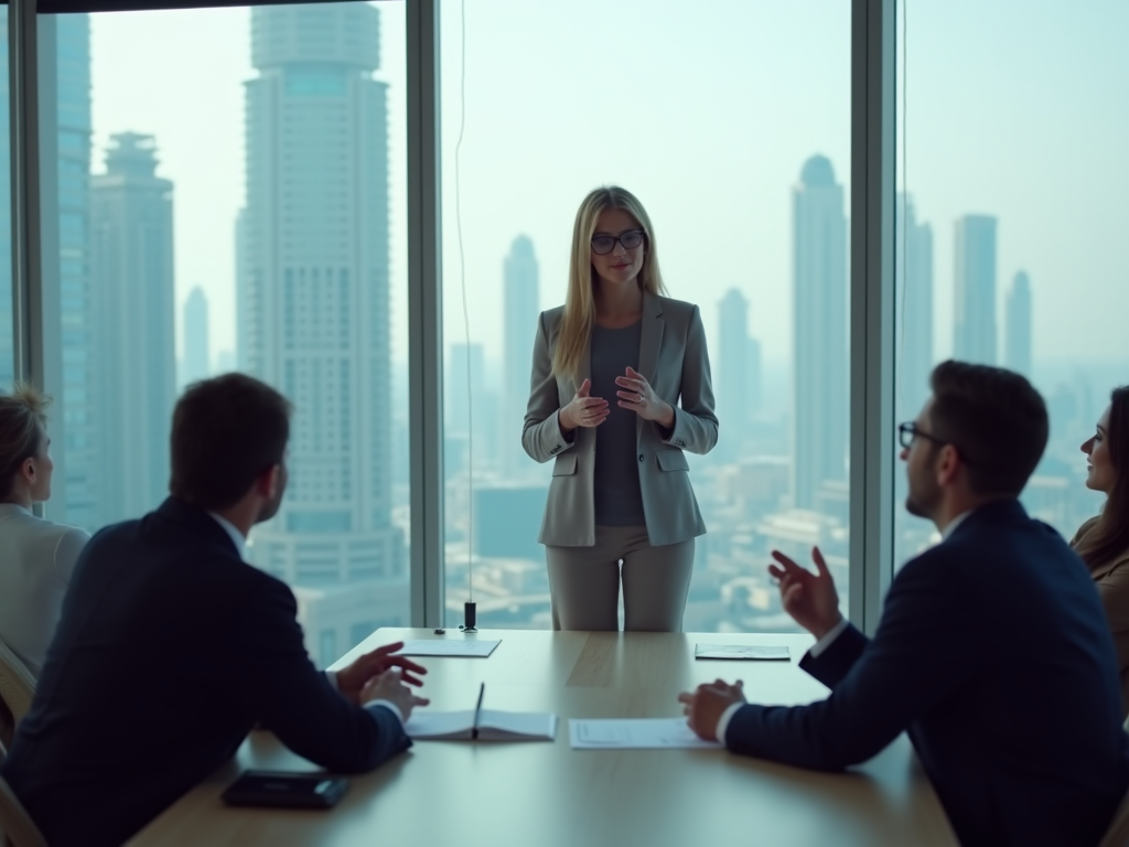 Woman presenting to colleagues in a high-rise office with city skyline in the background.