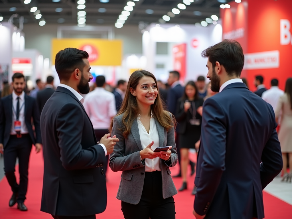 Three professionals conversing at a busy trade show with red carpets and company banners in the background.