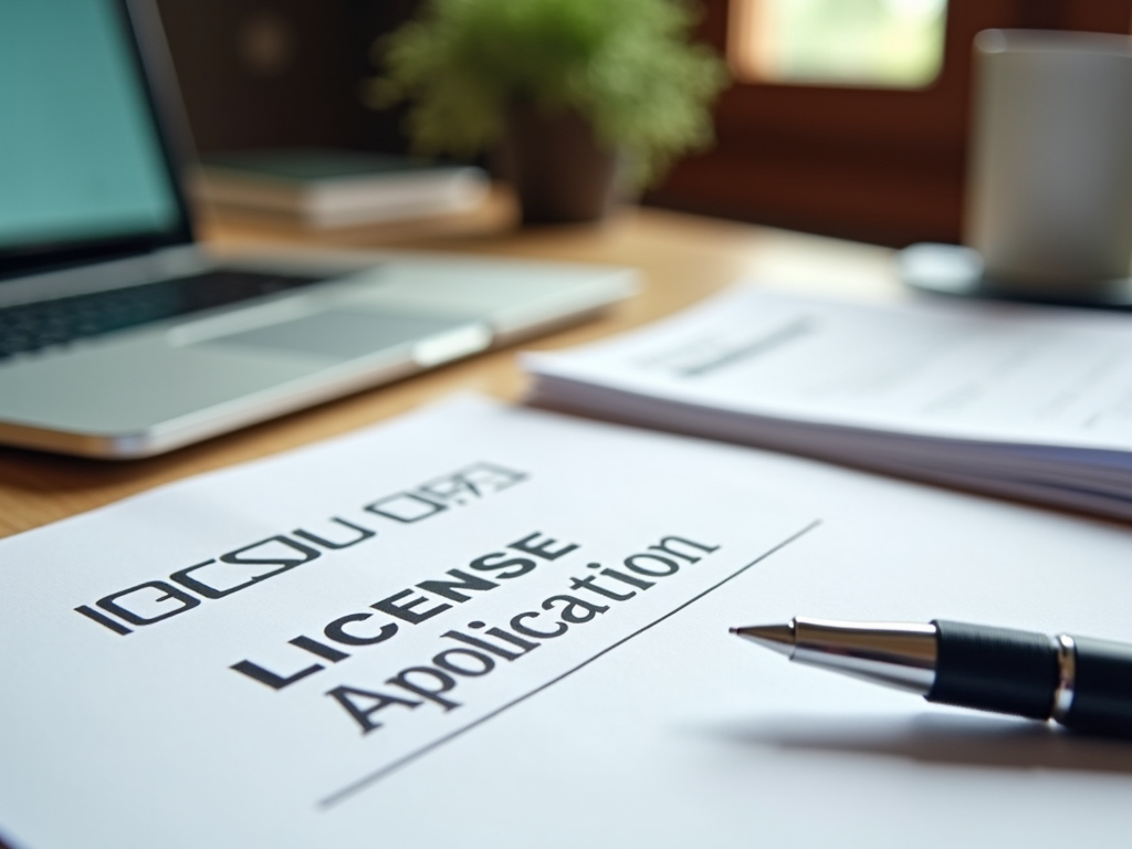 License application form on desk with pen and blurry laptop in the background.