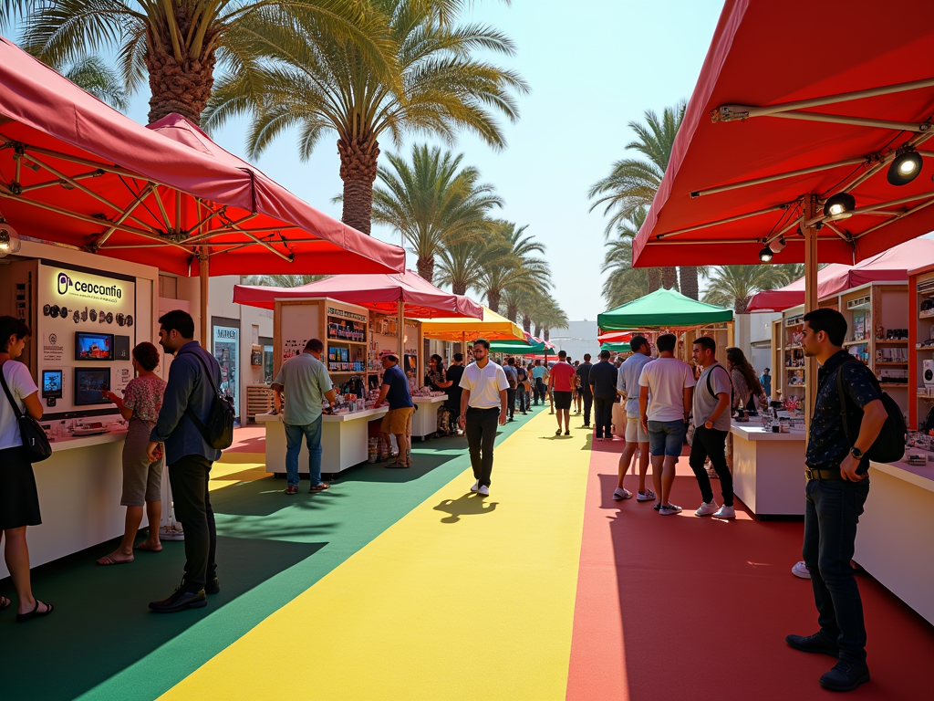 People visiting outdoor market stalls under red canopies, lined with tall palm trees on a sunny day.