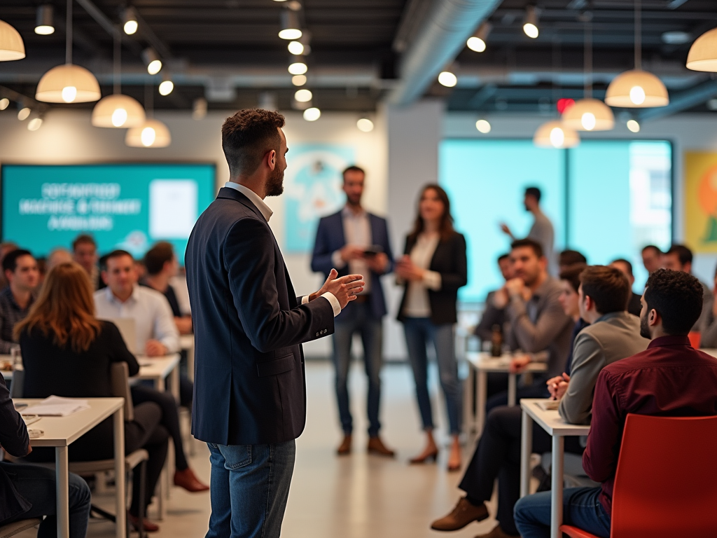 A speaker addresses an engaged audience during a business presentation in a modern conference room.