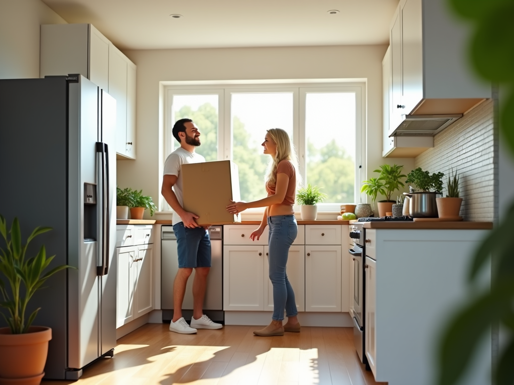 A couple stands in a bright kitchen, smiling and talking, one holding a box with plants in the background.