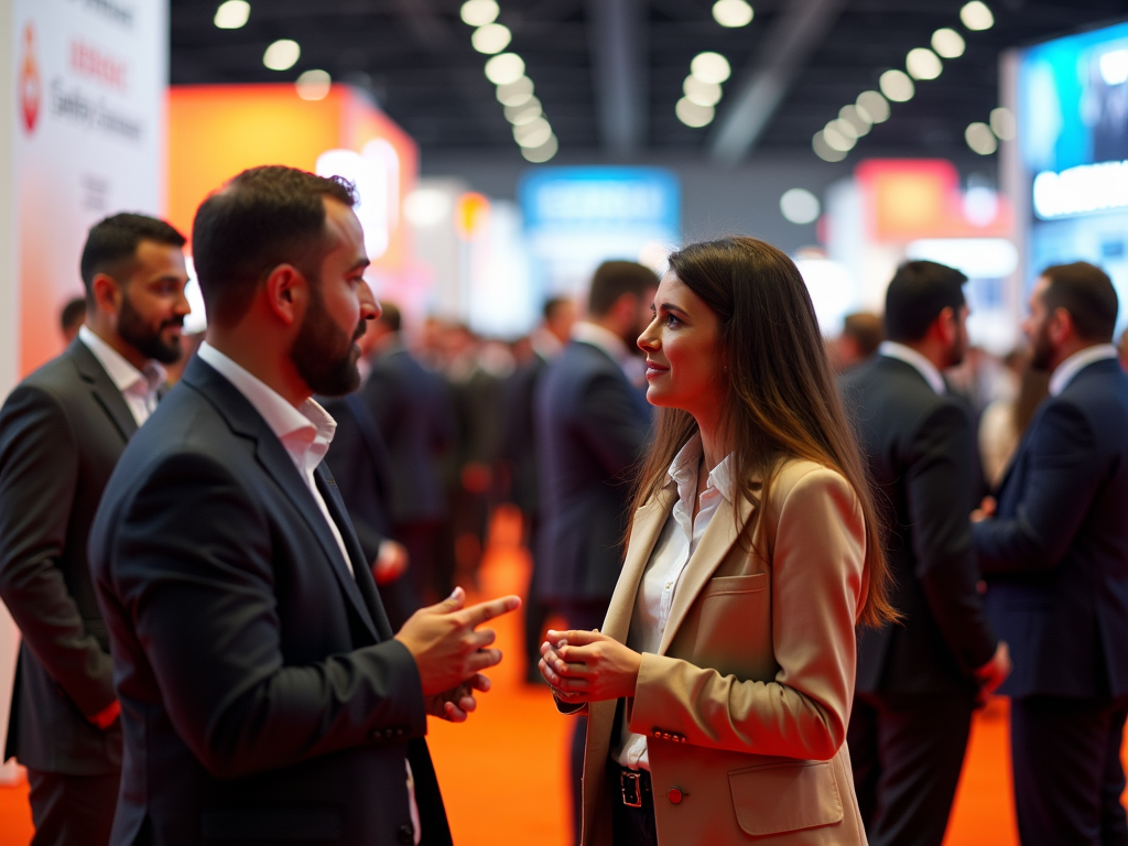 Two professionals conversing at a busy trade show with orange carpet and banners.