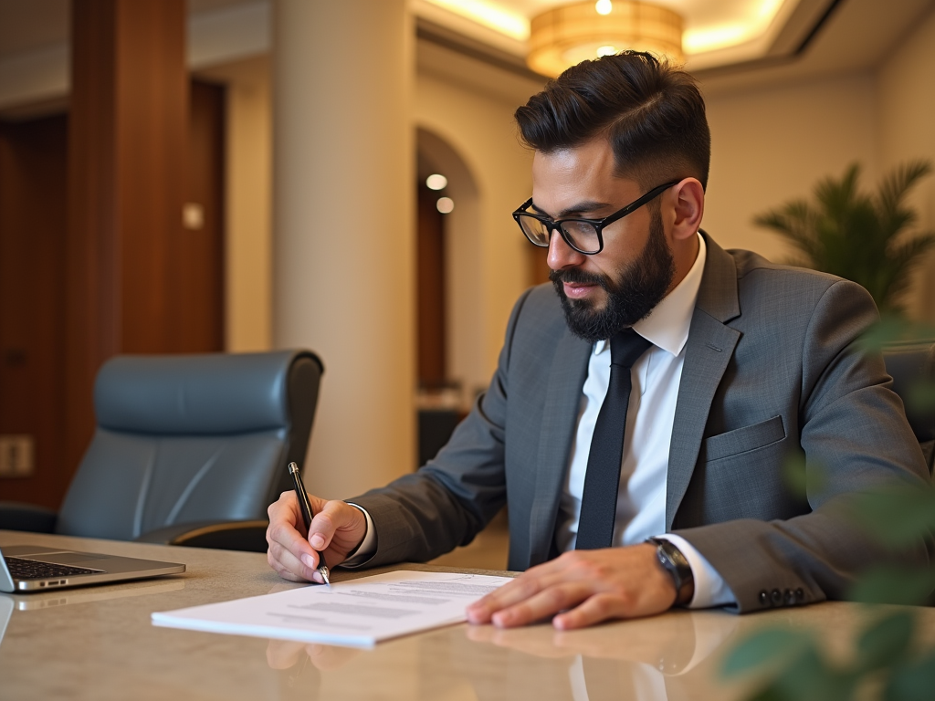 Businessman with beard, wearing glasses and a suit, writing on a document at an office desk.