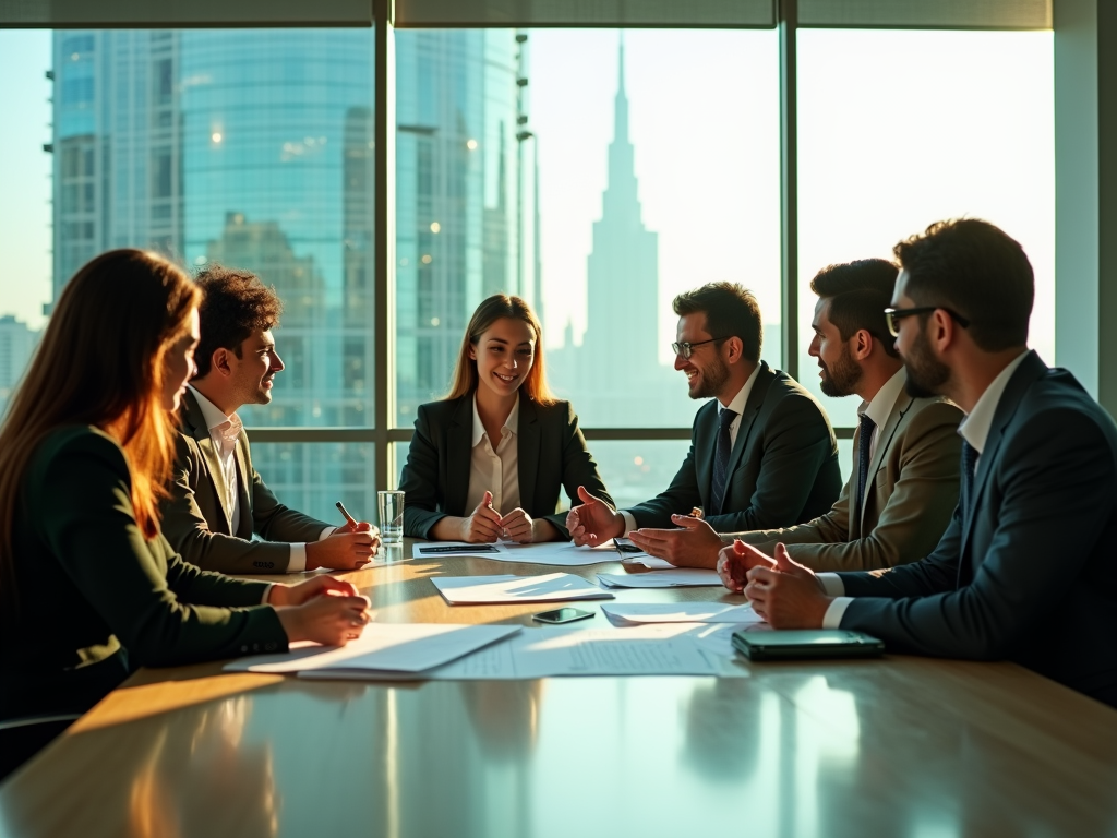 A group of six professionals in business attire engage in a discussion around a conference table.