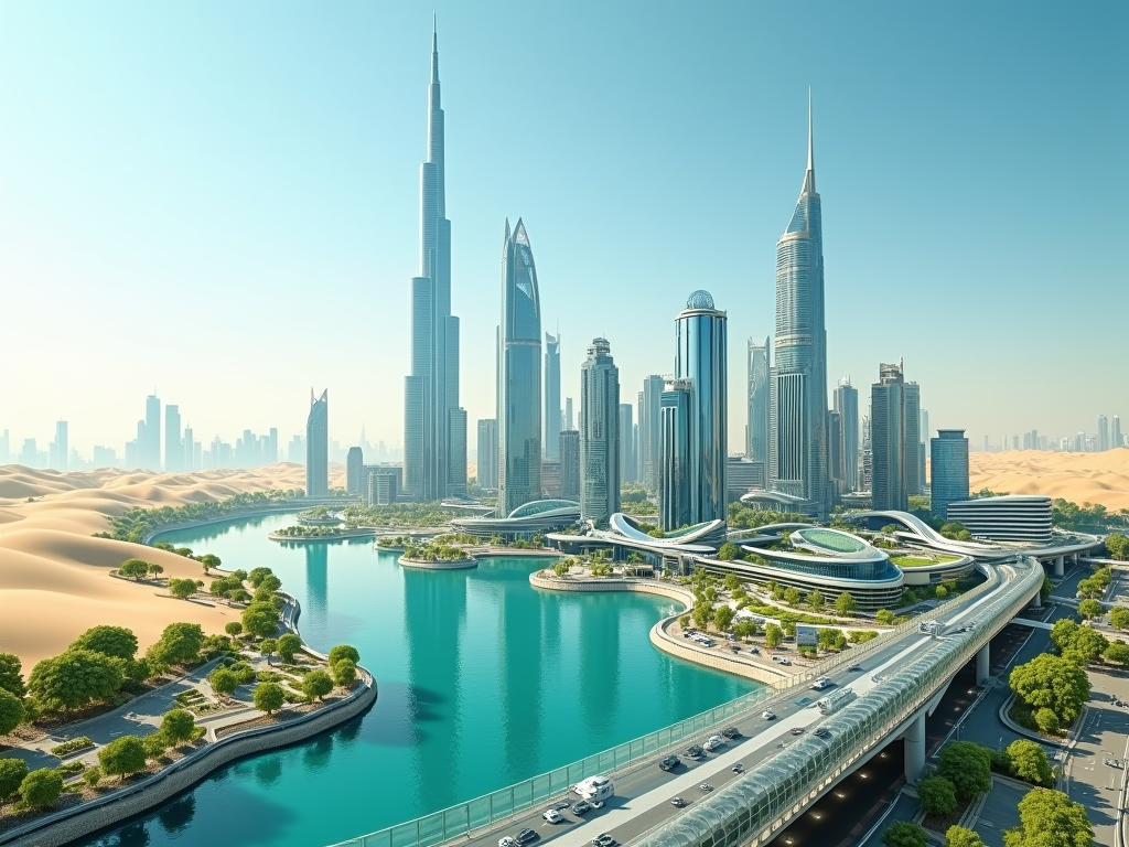 Aerial view of Dubai skyline showing iconic skyscrapers, a lake, and desert dunes under a clear sky.