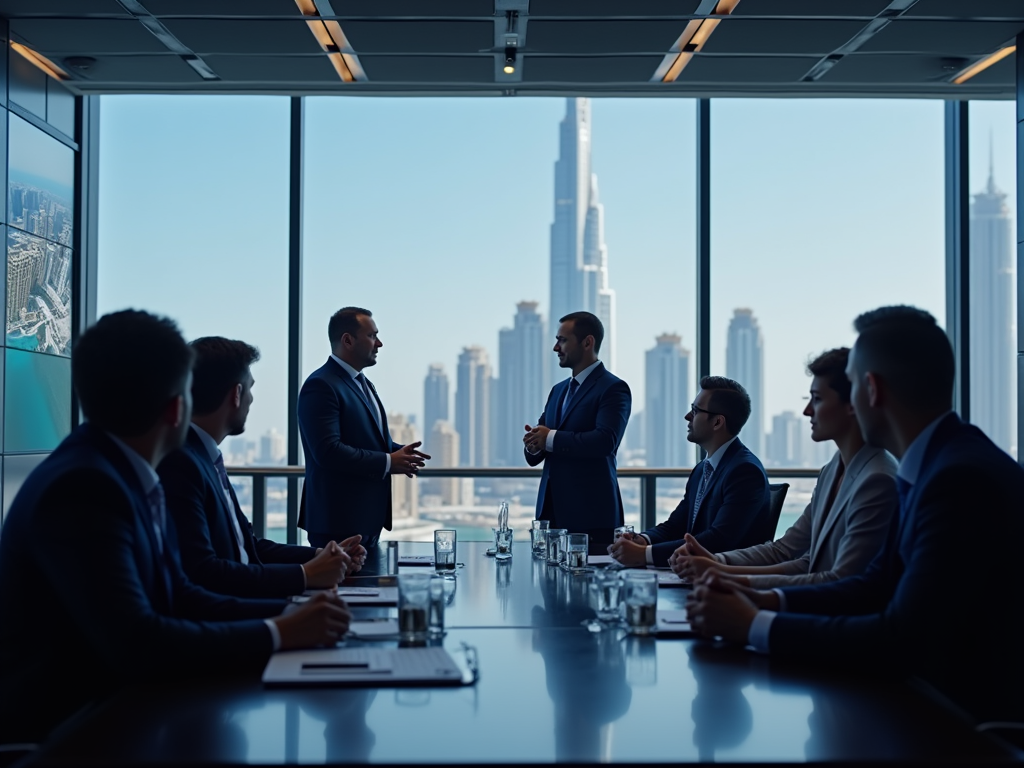 Businessmen discussing in a modern office with cityscape view through large windows.