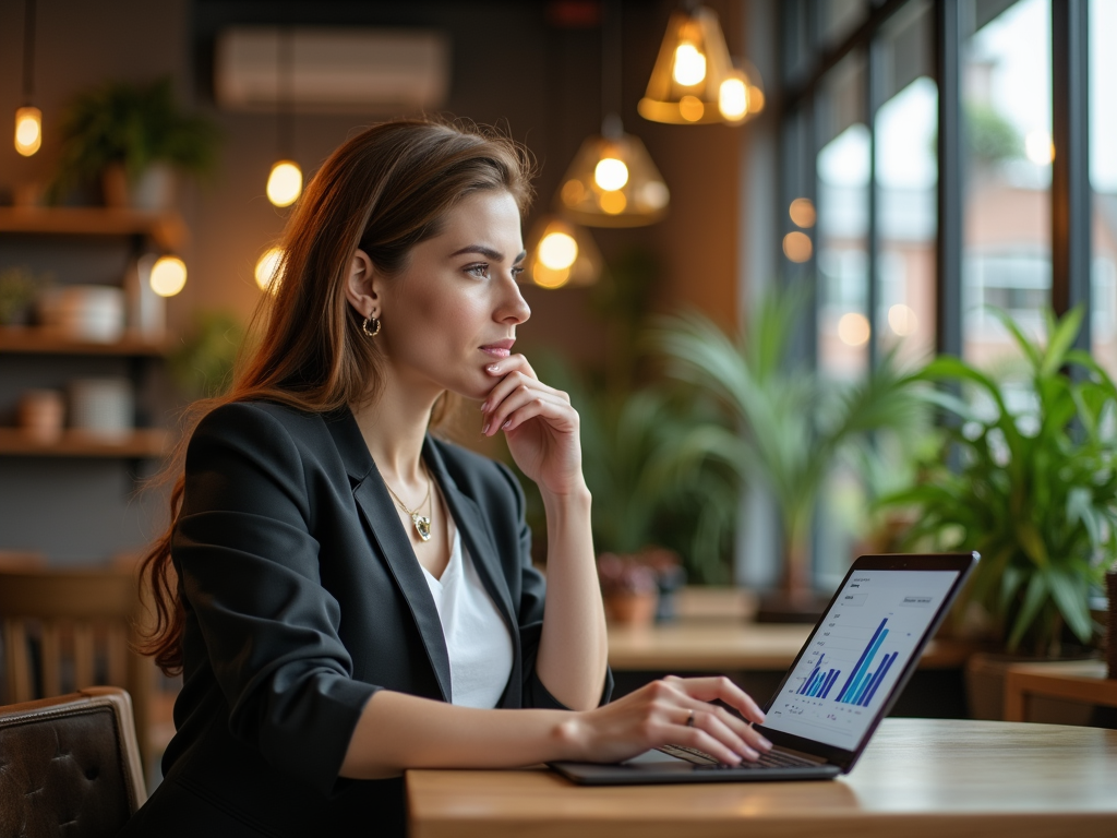 A woman in a suit thoughtfully looks at data on her laptop in a cozy, plant-filled café.