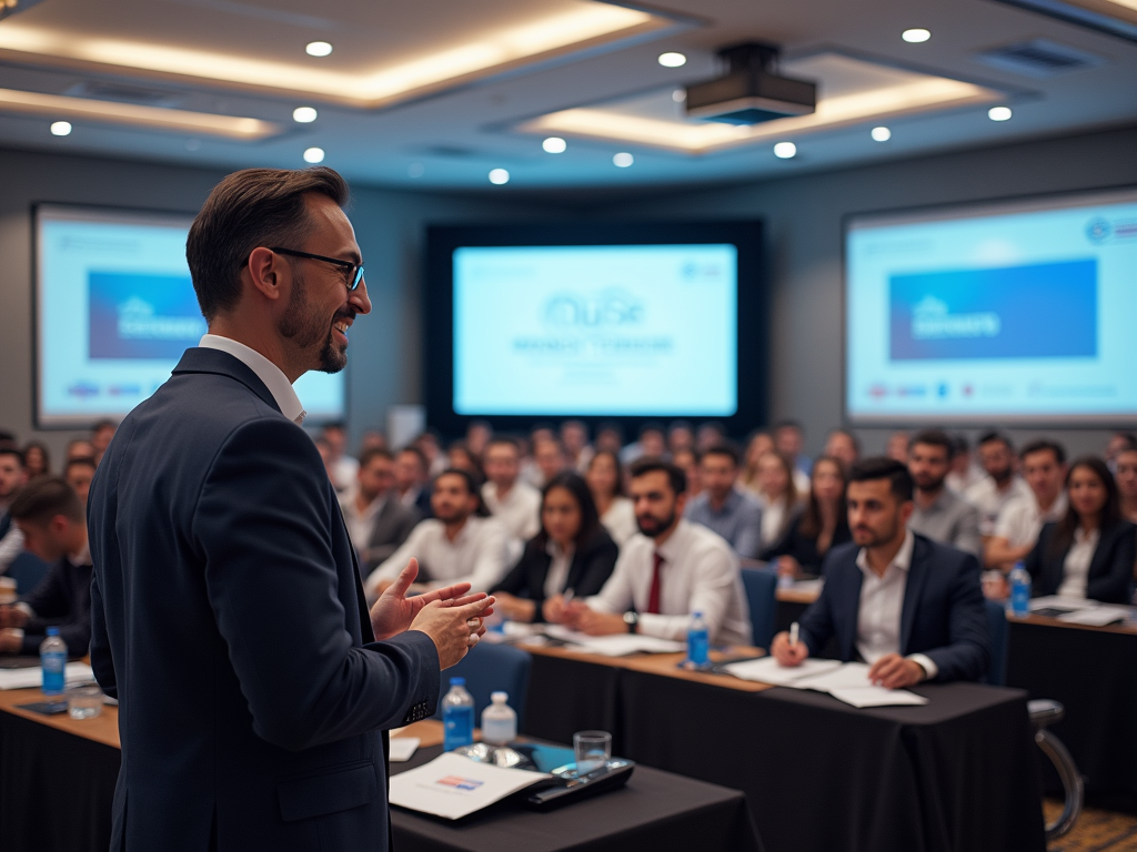 Businessman speaking at a corporate seminar with attentive audience in a conference room.