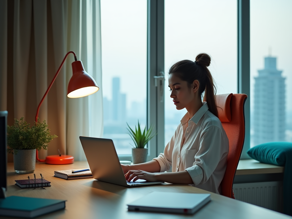 Woman working on laptop at desk with red lamp, in office with cityscape view through window.