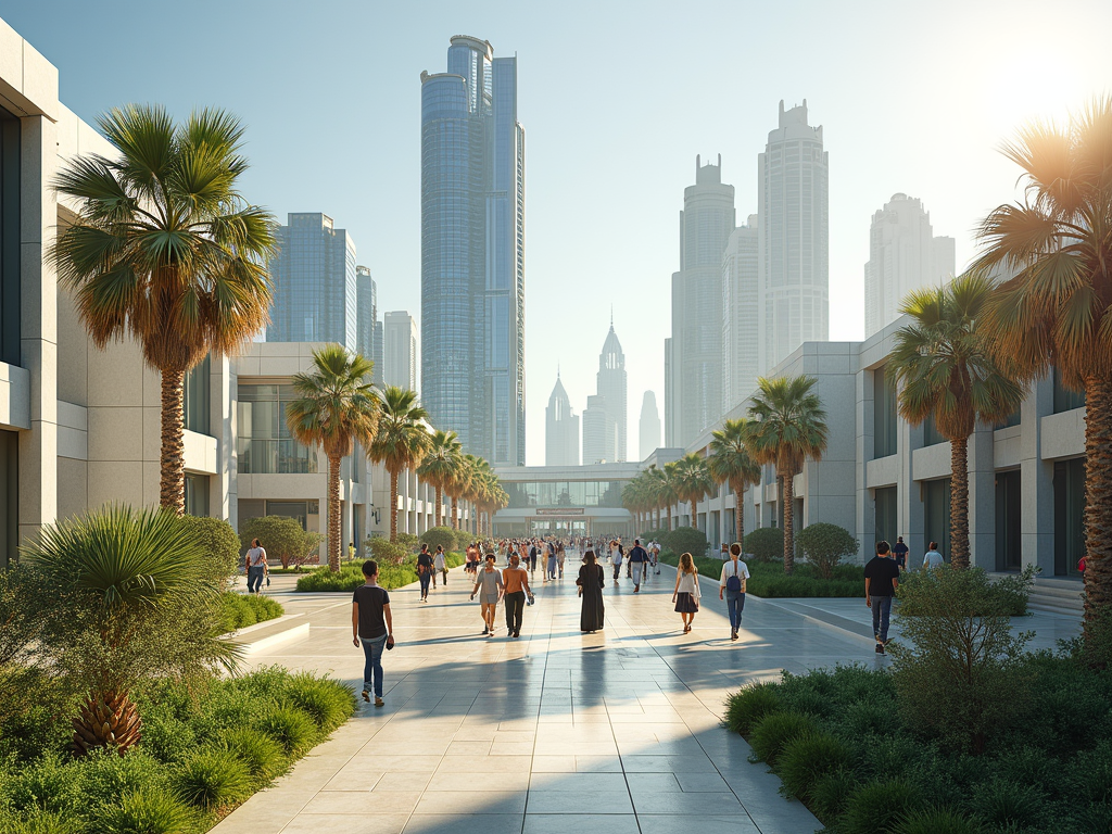 A bustling urban walkway lined with palm trees, modern buildings, and people enjoying a sunny day in the city.