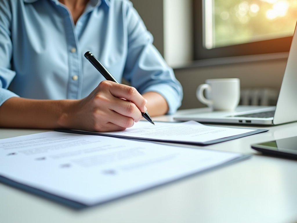 Woman in blue shirt signing documents at desk with laptop and coffee mug in the background.