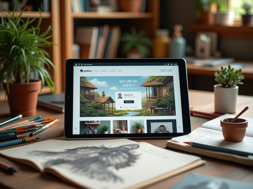 A tablet displaying a website with a scenic landscape and art, surrounded by plants and art supplies on a desk.