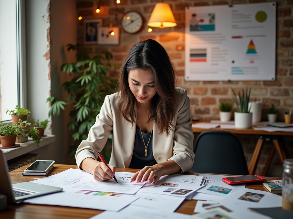 A woman focused on writing documents at a desk surrounded by plants and charts in a cozy office.