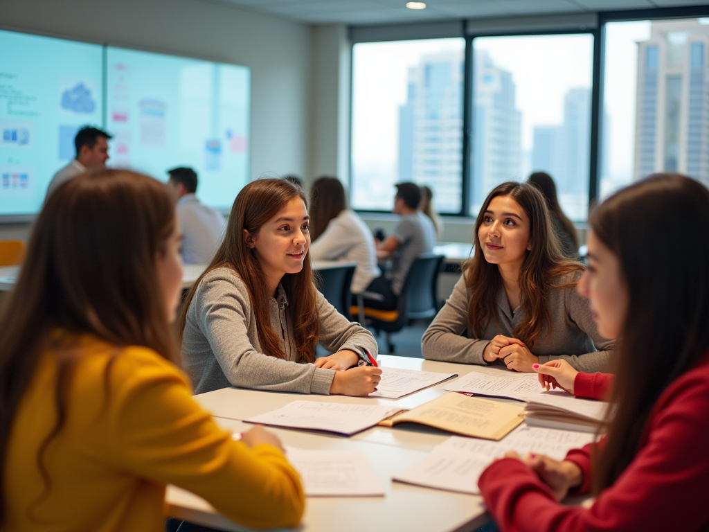 Four students engaged in a discussion at a table in a classroom with a city view.