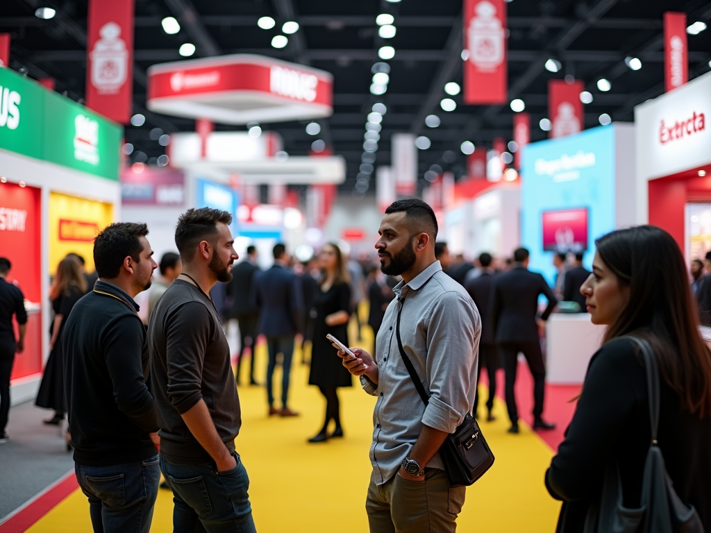 People conversing at a busy trade show with colorful booths and company banners in the background.