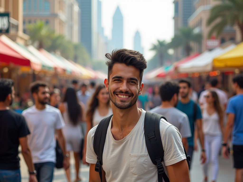 Smiling young man with a backpack standing in a busy outdoor market street.