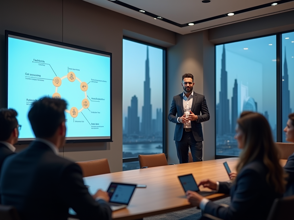 Man presenting a flowchart on a screen in a boardroom with attendees.