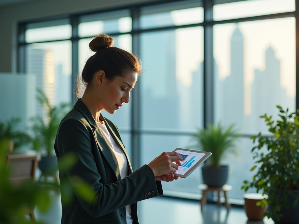 A businesswoman reviews graphs on a tablet in an office with cityscape background.