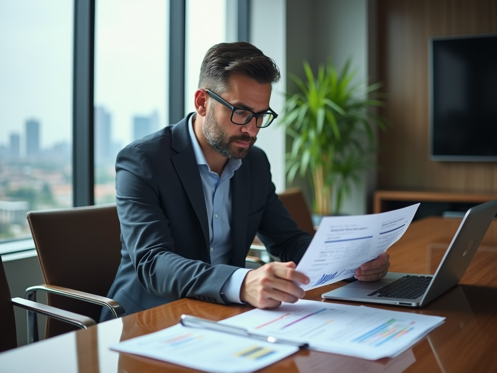 Man in suit reviews documents at desk with laptop in a modern office setting.