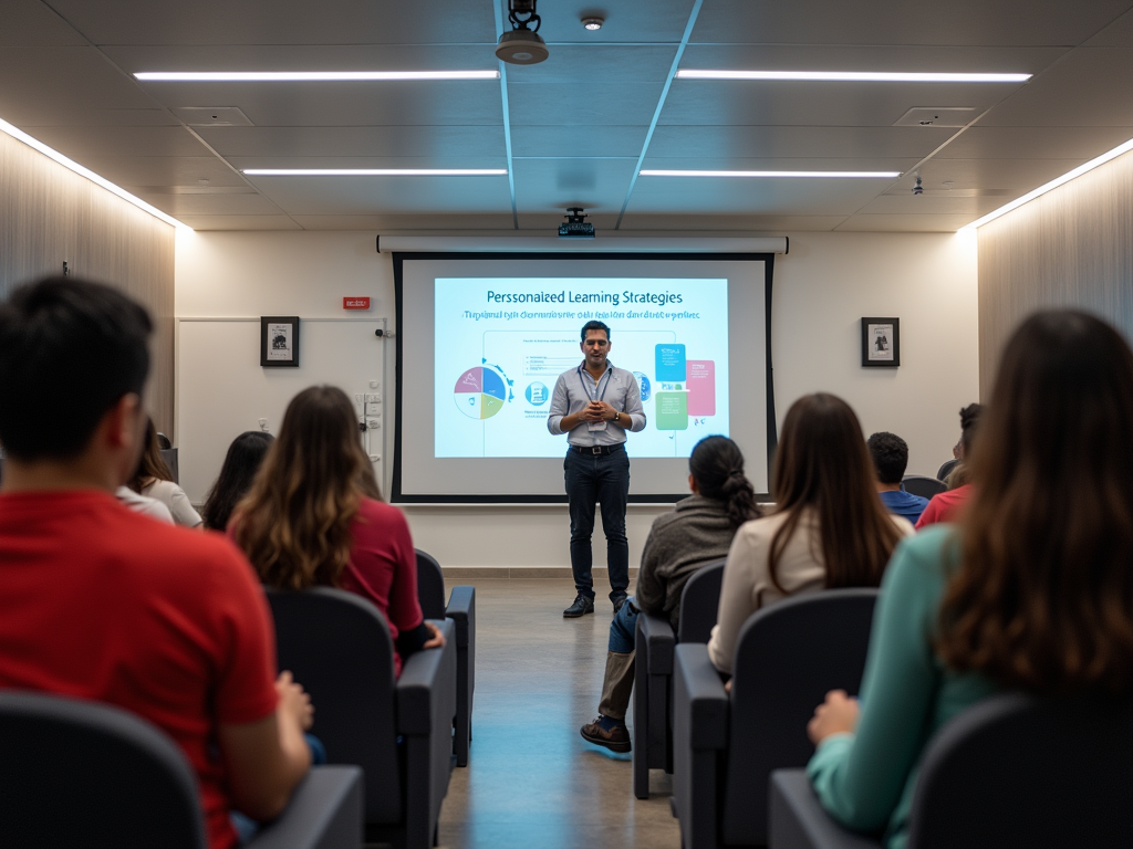 A speaker presents "Personalized Learning Strategies" to an audience seated in a classroom setting.