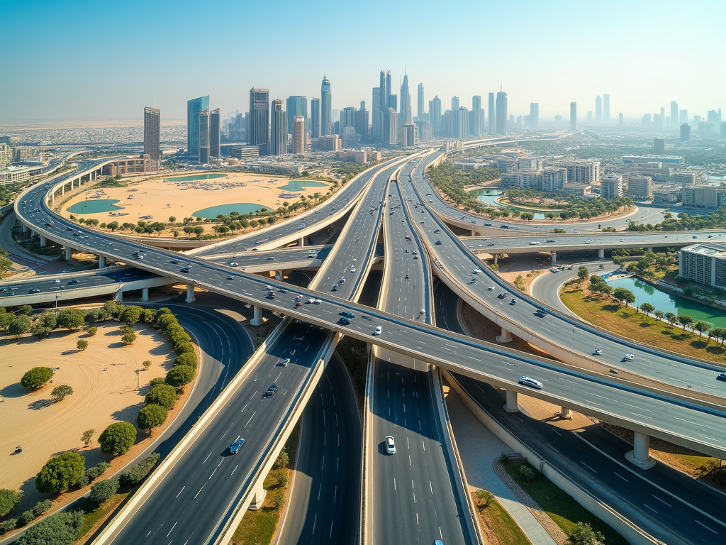 Aerial view of a complex system of elevated highways in a modern city, with skyscrapers and a desert landscape.