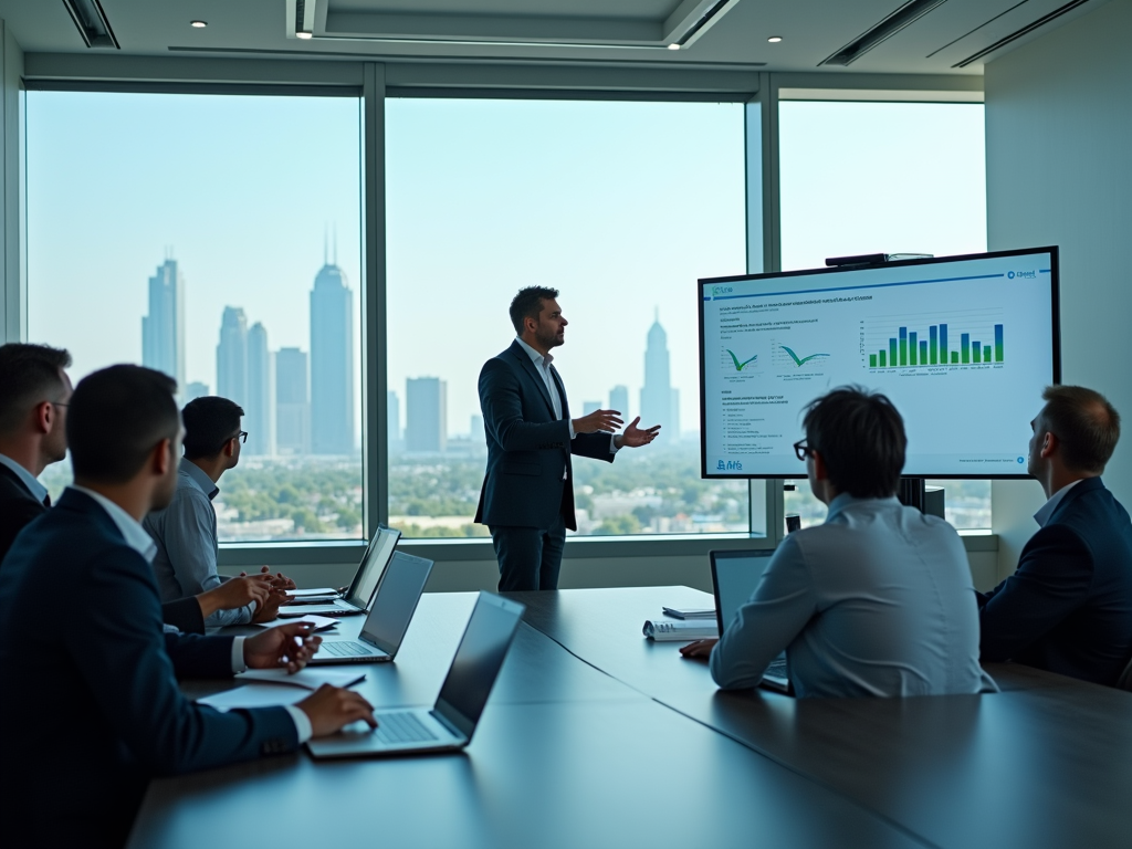 Businessman presenting data on a screen in a conference room with a city skyline view.