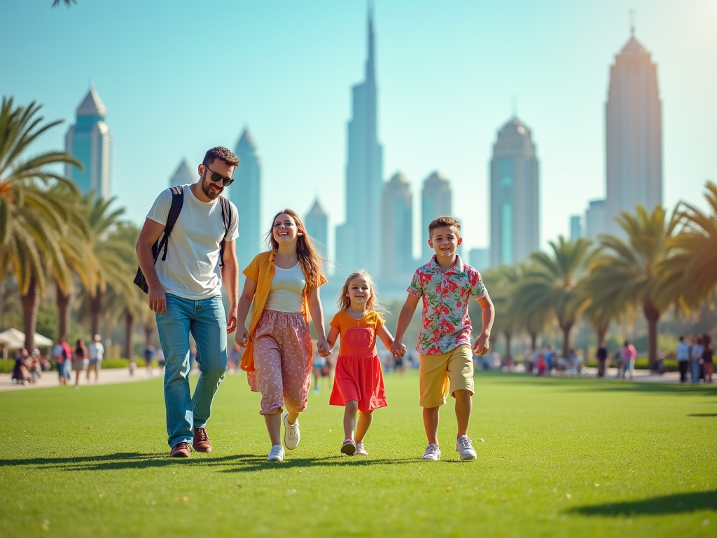 Family enjoying a sunny day walk in a park with city skyline in the background.