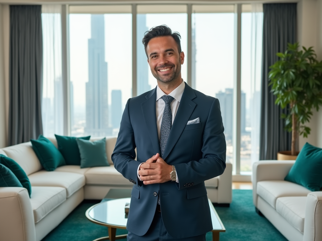 Smiling businessman in a navy suit stands in a modern office with city skyline views.