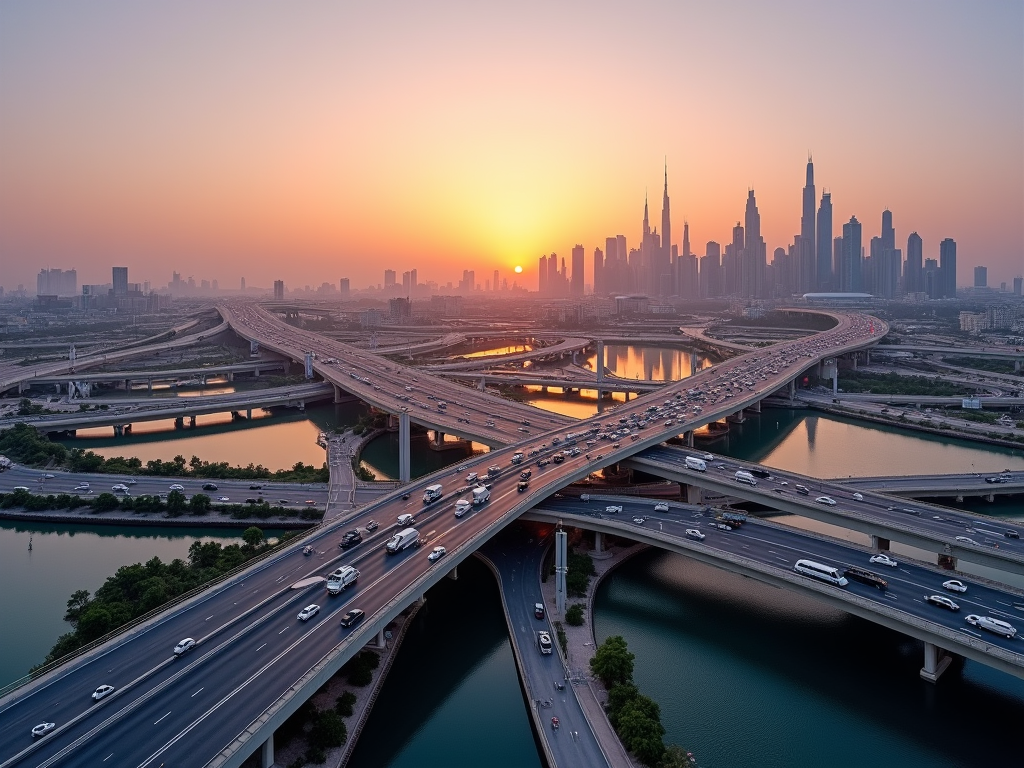 Sunset over a cityscape with multiple intersecting highways and a river, reflecting the glowing sky.