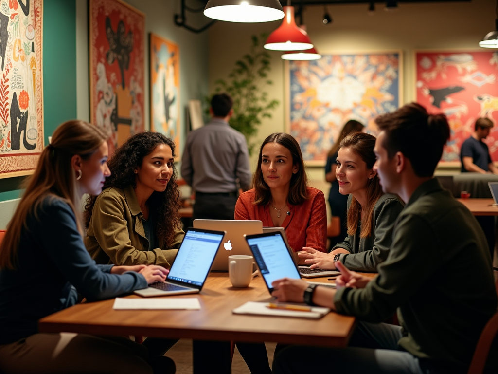 A group of five young adults collaborating at a table with laptops in a colorful cafe setting.