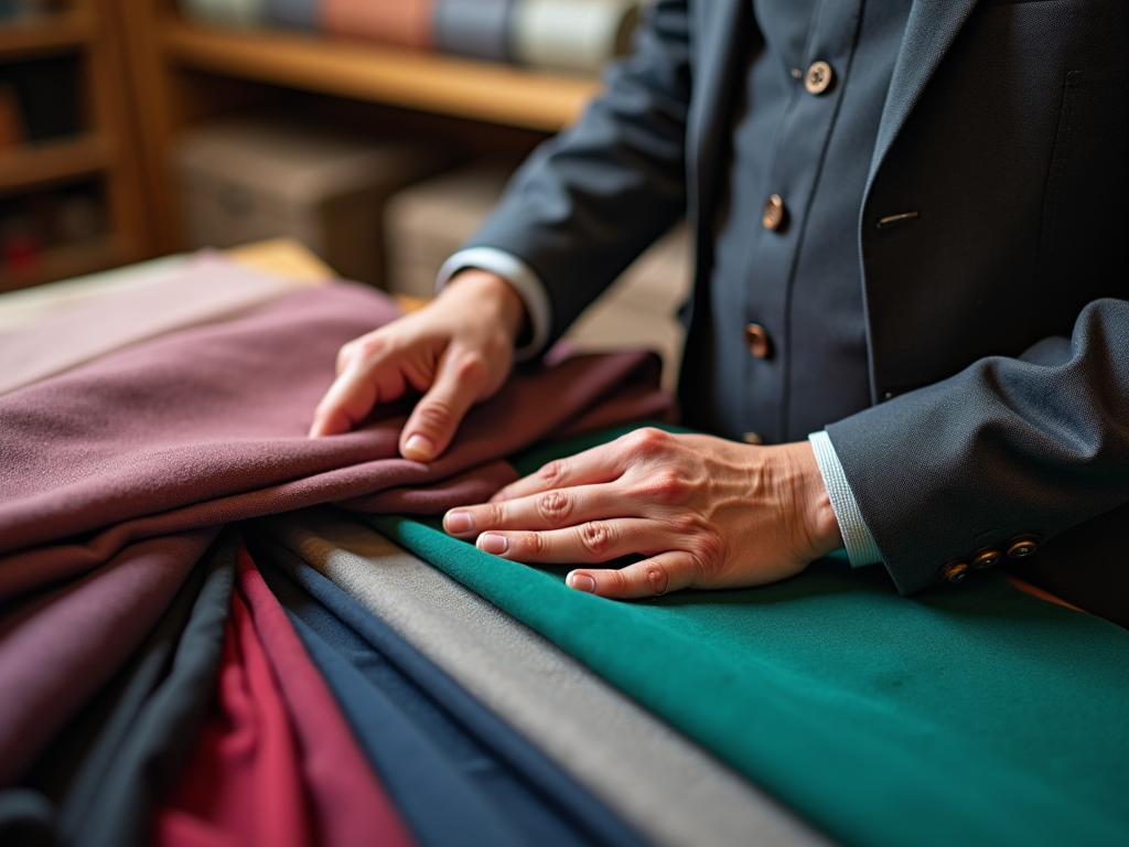 Hands of a person in a suit selecting fabrics from a stack of assorted colors.