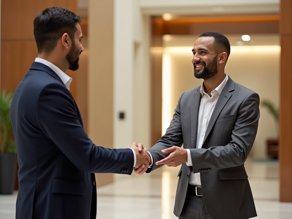 Two men in business suits shaking hands and smiling in a lobby.